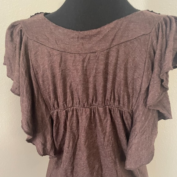 Y2K VANITY Womens Sz L Brown Sequin Embellished Ruffle Sleeve Stretch Top VTG - Picture 7 of 9